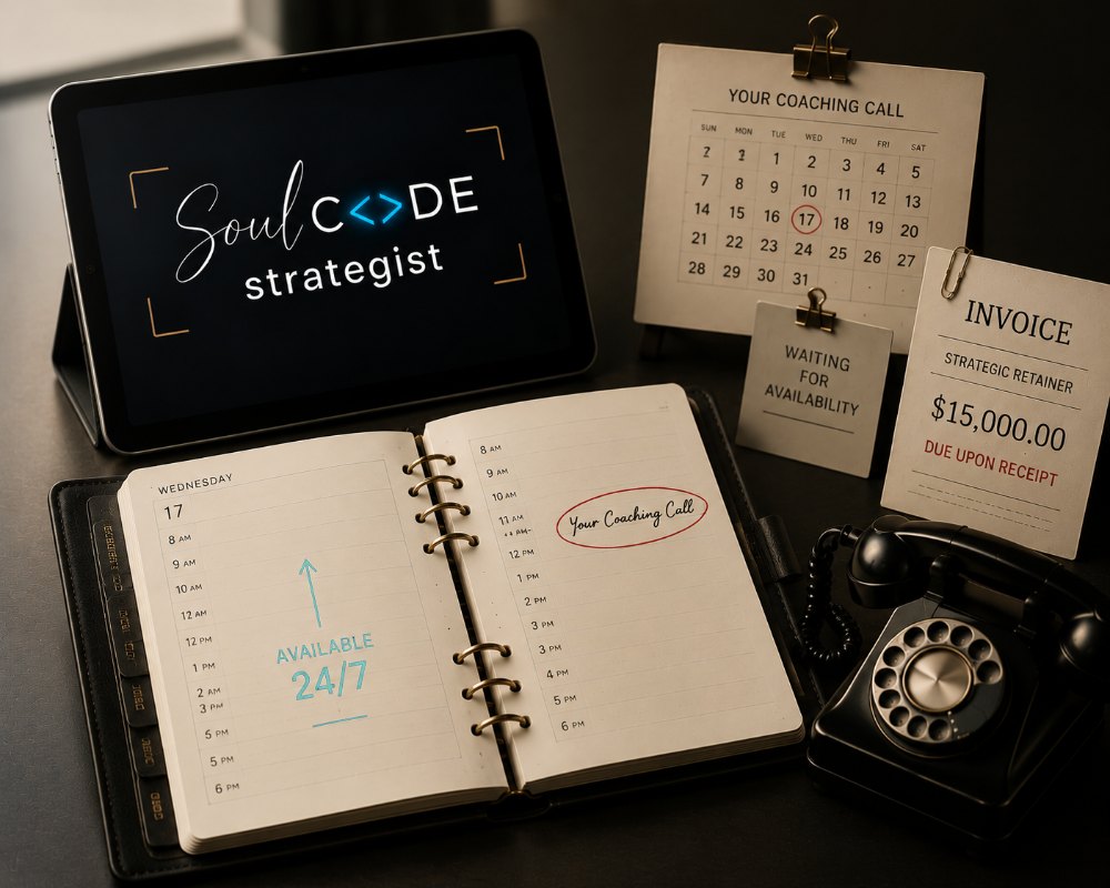 A tablet showing SoulCode Strategist beside a rotary phone, a wall calendar, a waiting-for-availability note and a $15,000 retainer invoice